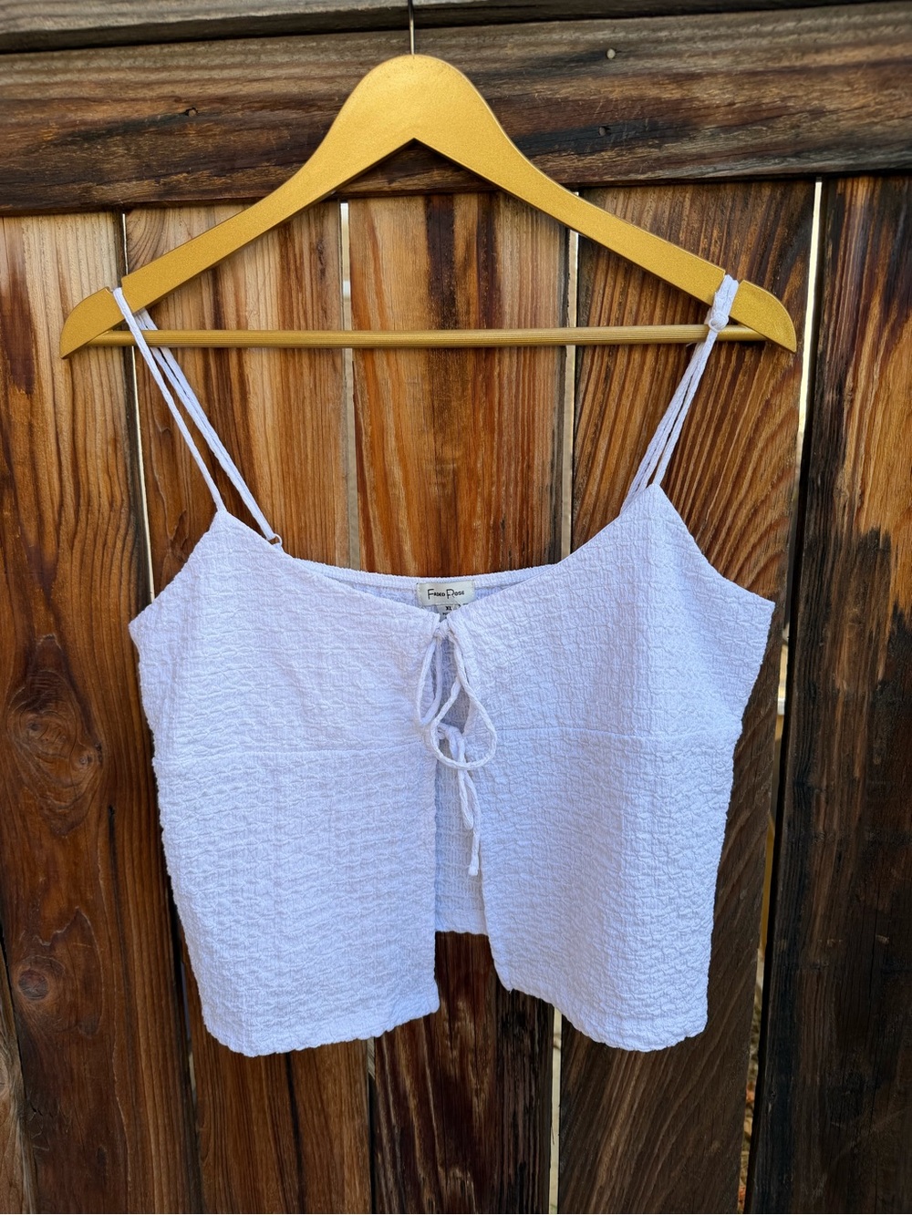 White Textured Faded Rose crop top cami  with tie front detail, size XL